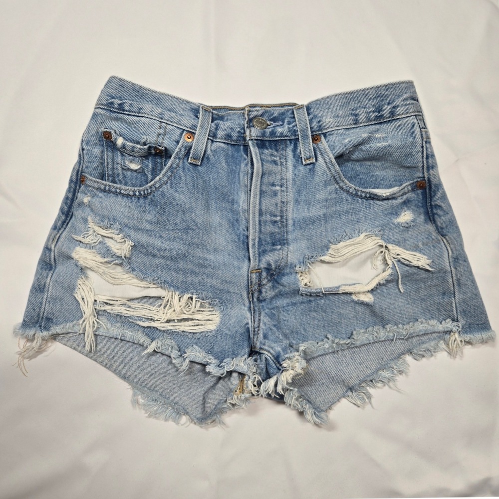 Levis Premium 501 Cutoff Denim Shorts W25 Thrashed Distressed High Rise Festival
